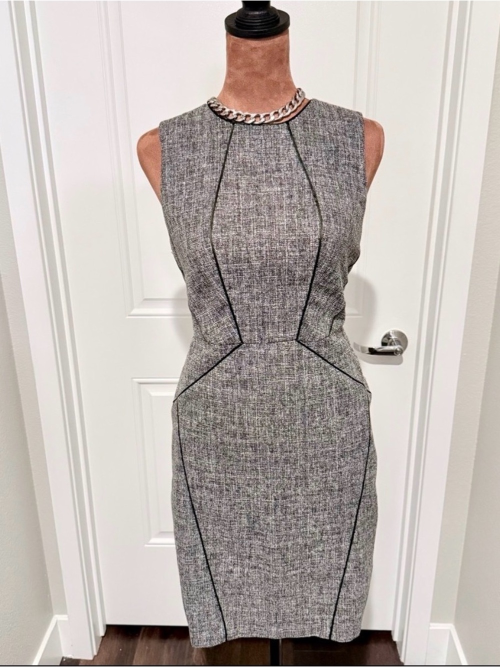 Ann Taylor Gray Tweed Sheath Midi Dress with Black Piping